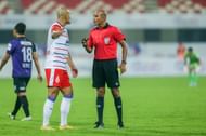 Keziah Veendorp is seen arguing with the referee in the Kalinga Super Cup.